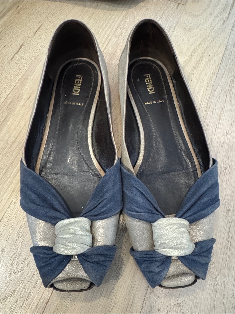 Fendi Silver and Navy Knotted Peep-Toe Flats